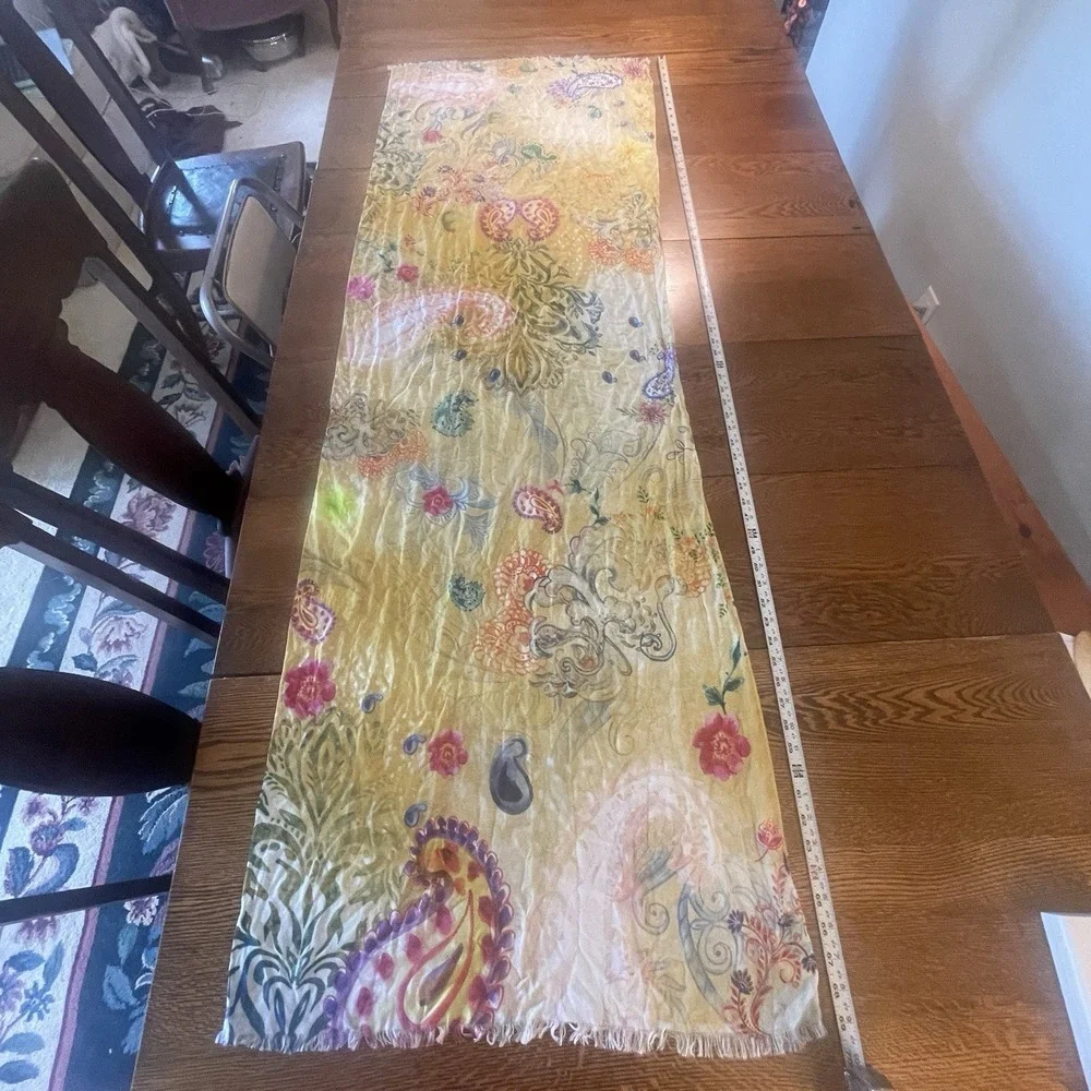 Chico's Floral Paisley Square Scarf Sheer Raw Hem Yellow Multi-Color Lightweight